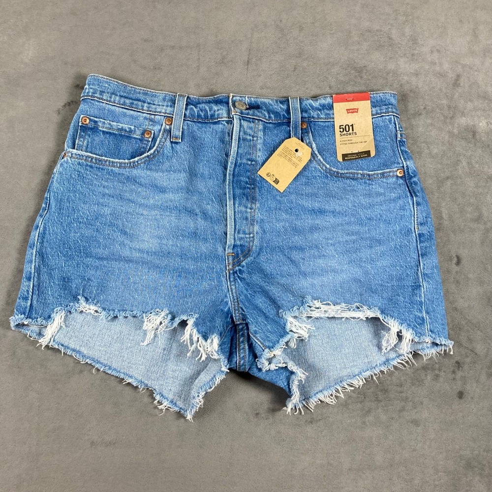 Levis 501 Original High Rise Denim Shorts Medium Wash Distressed Size 33